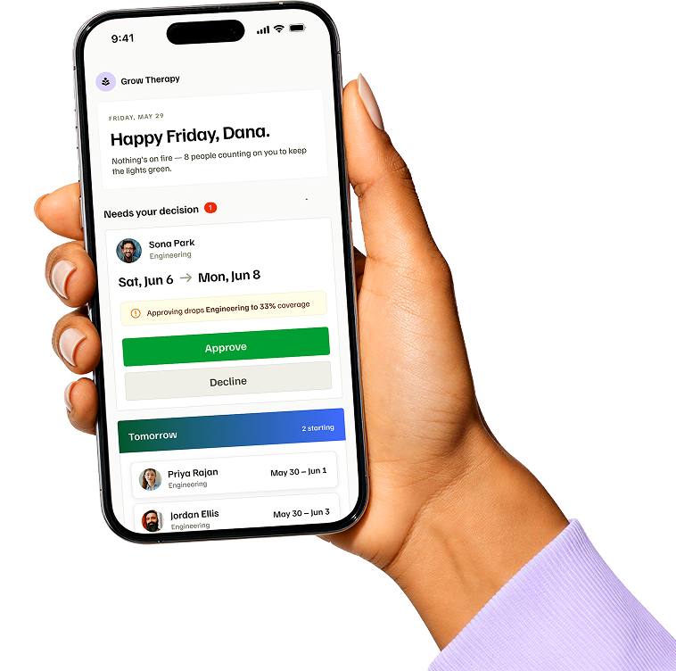 Ample product concept showing a leave request with a team coverage warning on a phone.